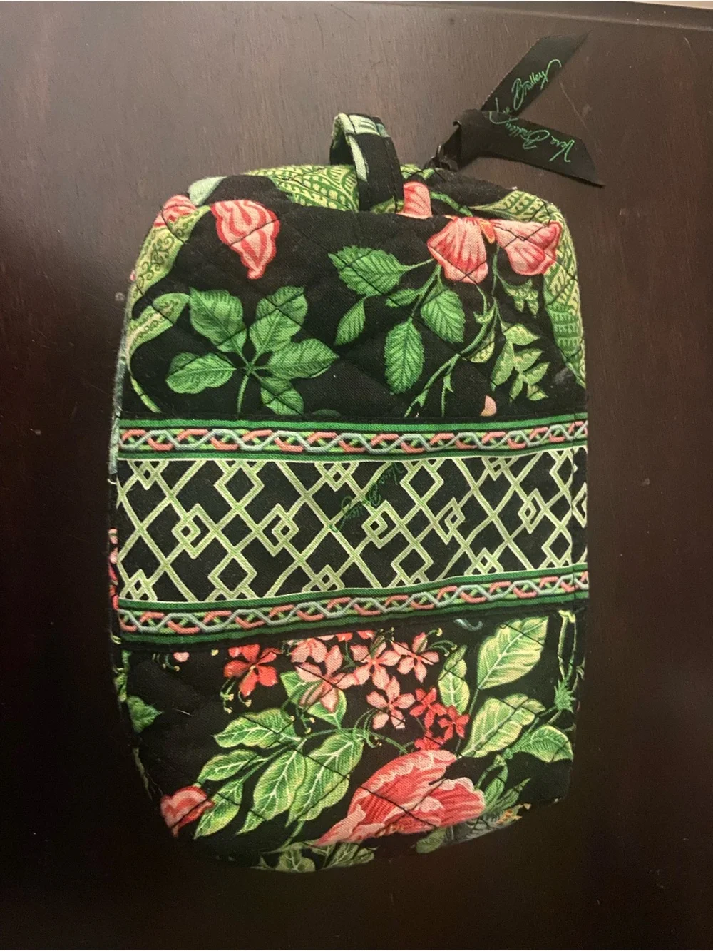 Vera Bradley Quilted Floral Zip Pouch — Black, Green & Pink